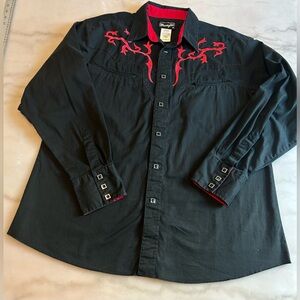 Wrangler XL Black Western Snap Shirt Red Embroidery Cowboy Pearl Snap